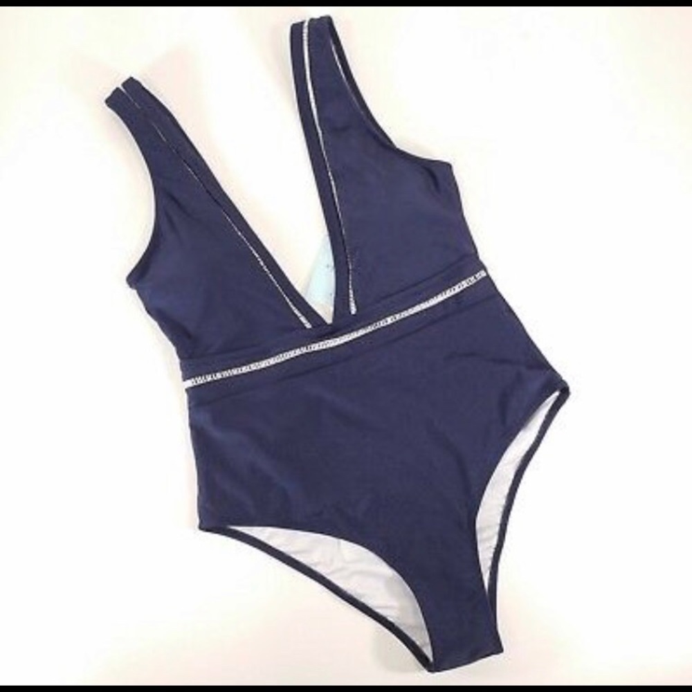 Navy blue deep-v one piece with plunging back